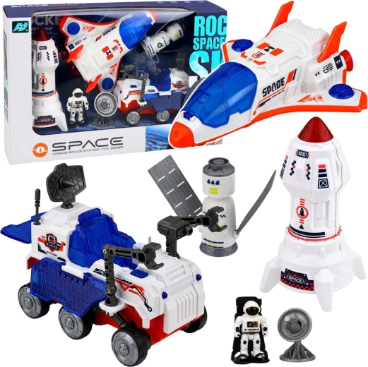 Set espacial con cohete, transbordador espacial y rover