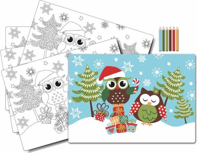 Mantel infantil para colorear Búho Navidad con lápices de colores, 5 uds