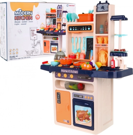 Cocina infantil con grifo de agua y quemador de vapor, panel de audio, 65 piezas – Azul