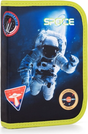 Estuche escolar de un compartimento con 2 solapas, vacío, motivo espacial