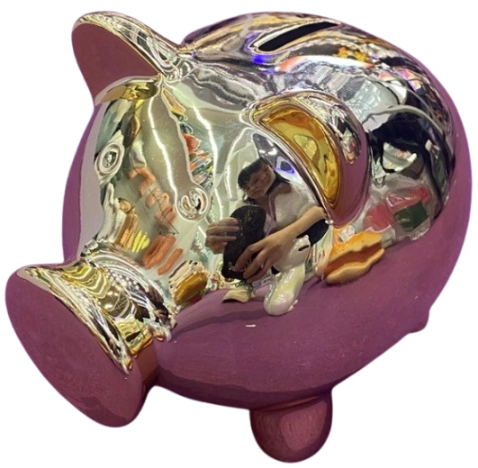 Hucha de cerámica con forma de cerdito dorada