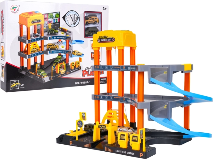Garaje infantil de varios niveles con ascensor eléctrico, autolavado y 2 cochecitos