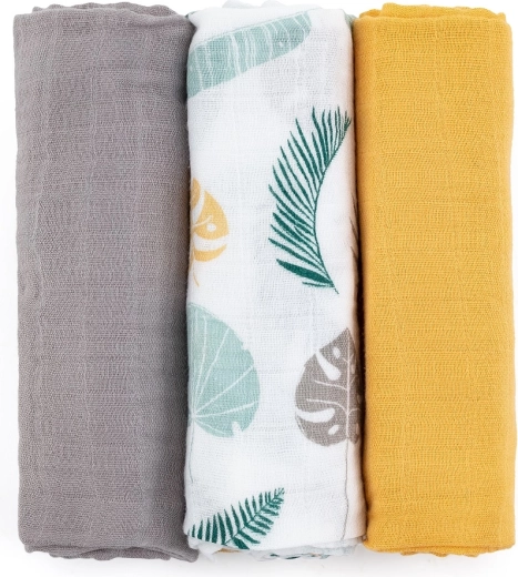 Petite&Mars set de pañales de muselina de bambú Moussy ochre leaves 3 uds 68 × 68 cm
