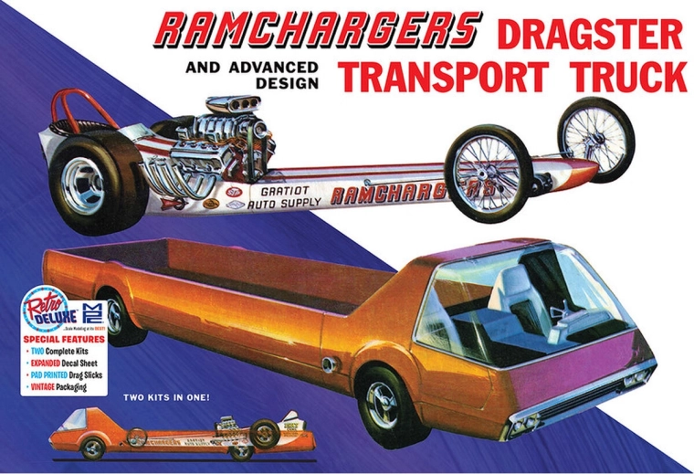 Modelo de coche de plástico 1:25 MPC Ramchargers dragster y camión transportador