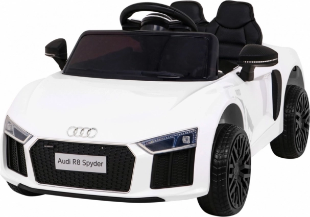 Coche eléctrico infantil Audi R8 Spyder, blanco, ruedas EVA, control remoto, LED y MP3