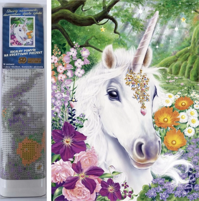 Pintura de diamantes Unicornio entre flores 30 × 40 cm
