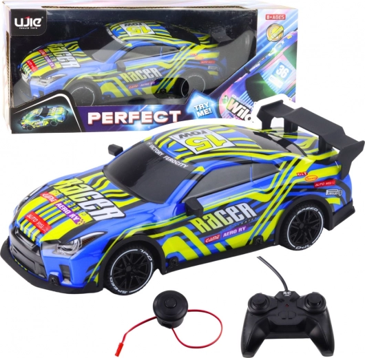 Coche deportivo RC azul‑amarillo con luces y sonidos