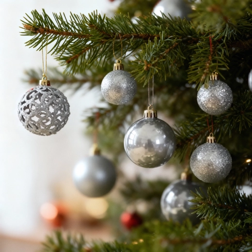 Juego de adornos navideños plateados con estrella para la punta, 101 piezas