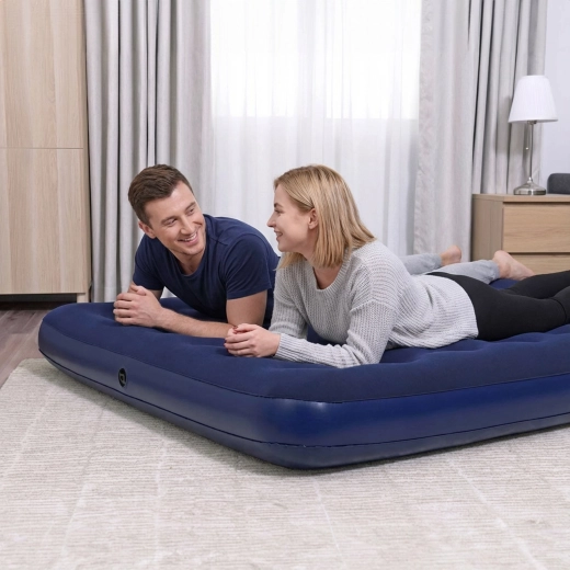 Colchón inflable doble con superficie de terciopelo azul 203 × 152 × 22 cm