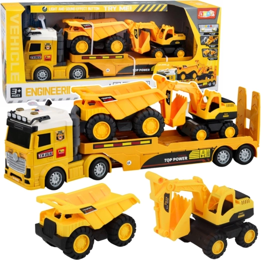 Set de construcción con camión con semirremolque, excavadora y volquete con luces y sonidos