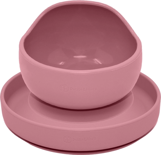 Set de alimentación de silicona Petite&Mars Take&match, plato y cuenco, dusty rose, 2 uds (6 m+)