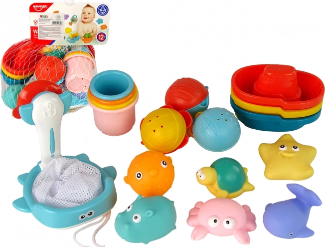 Set de baño de animales marinos con red y barquitos, 17 piezas
