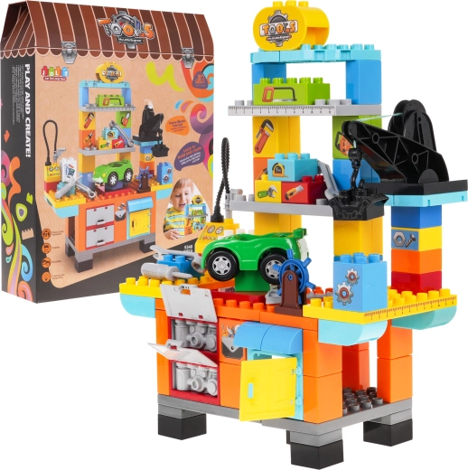 Kit de construcción de taller para niños 3+ con cochecito, herramientas y compresor, 92 piezas