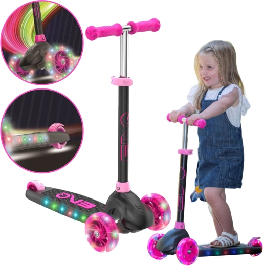 Patinete infantil de tres ruedas EVO Eclipse con ruedas LED y plataforma iluminada – rosa