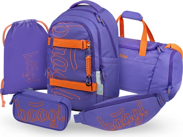Set escolar Baagl de 5 piezas Skate Max Orange: mochila, estuche, bolsa, bolsa deportiva y riñonera