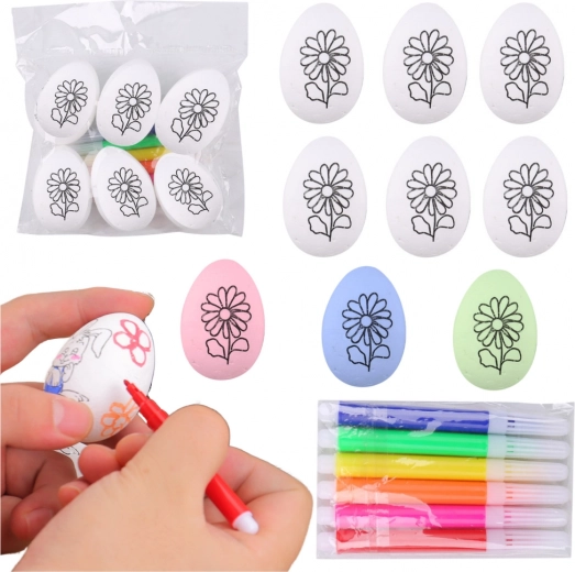 Huevos de Pascua de poliestireno para pintar con motivo de flores, 6 uds con rotuladores