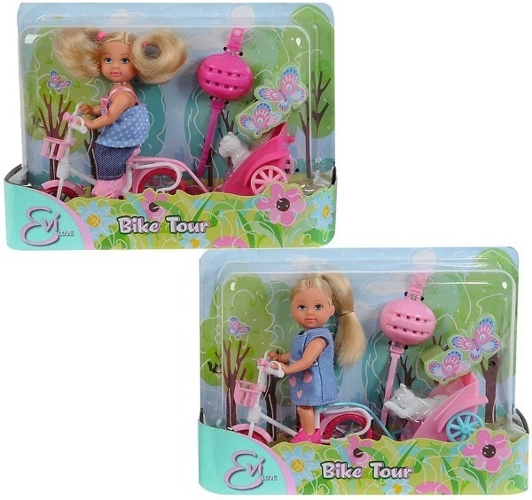Muñeca Evi Love en bicicleta con remolque y perrito