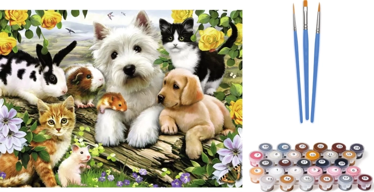 Pintura por números - Mascotas sobre lienzo de 30x20 cm
