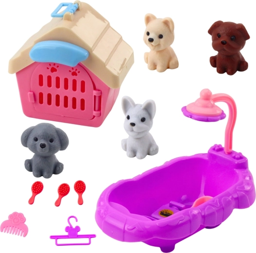 Set de cuidado de perritos con bañera, caseta y accesorios, 4 figuras