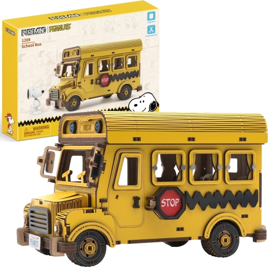 Puremind modelo 3D de madera de autobús escolar PEANUTS Snoopy – kit de construcción