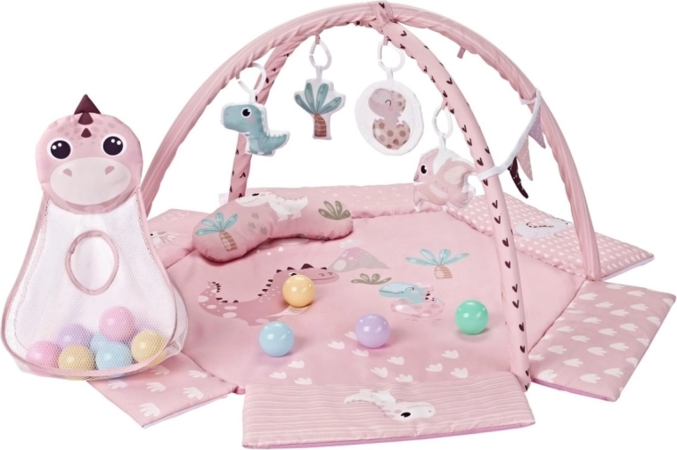 Manta de juego infantil TinyMini Dino Pink con arco de actividades y pelotas