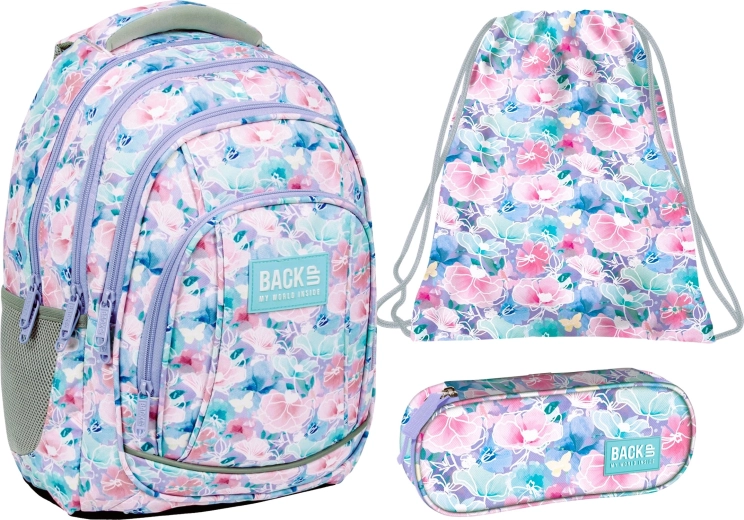 Set escolar BackUP Flores de primavera 3 en 1 – mochila, estuche y bolsa