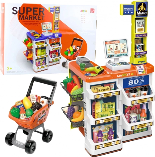Tienda infantil con caja registradora y carrito – set de supermercado de 60 piezas