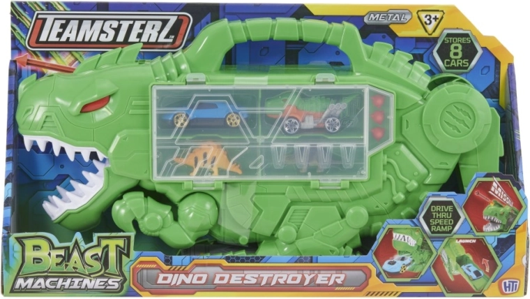 Dinosaurio Teamsterz Beast Machines con 4 accesorios: set de almacenamiento para coches y juego de acción