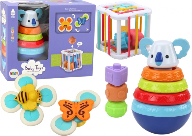 Set sensorial de juguetes para bebés: torre con koala, cubo educativo y spinners