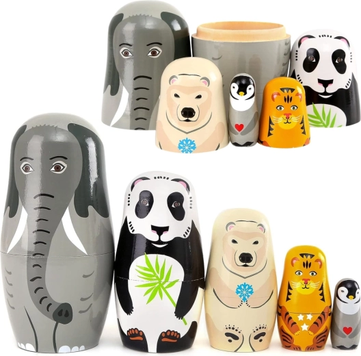 Muñecas matrioskas de madera con animalitos – set de 5 piezas