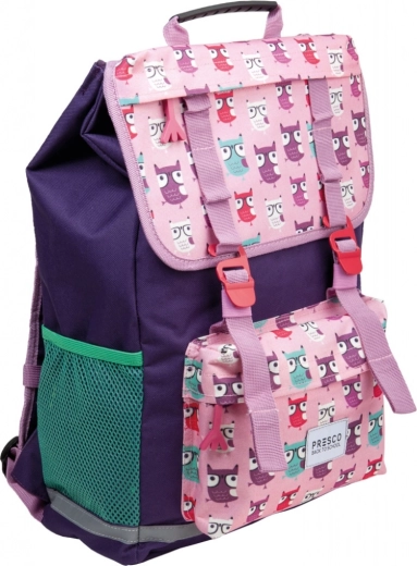 Mochila escolar infantil con motivo de búhos, morada