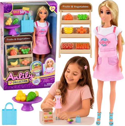Muñeca Anlily vendedora de frutas y verduras con tienda y accesorios