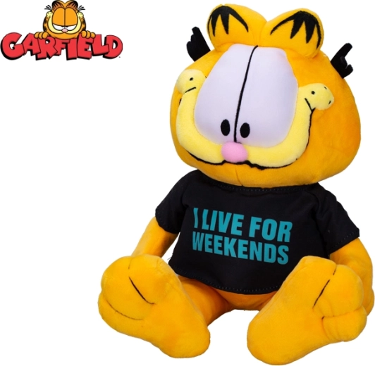 Gato de peluche GARFIELD 24 cm – sentado, camiseta I live for weekends