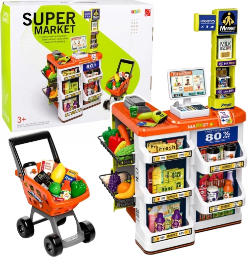 Supermercado infantil con caja registradora, escáner y carrito de compra (aprox. 60 piezas)
