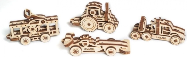 Ugears puzzle mecánico 3D de madera – set de 4 llaveros de vehículos