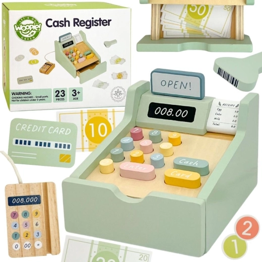 Caja registradora educativa de madera Woopie Green con accesorios