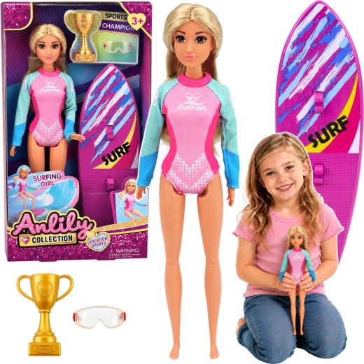 Muñeca Anlily surfista con tabla de surf y accesorios