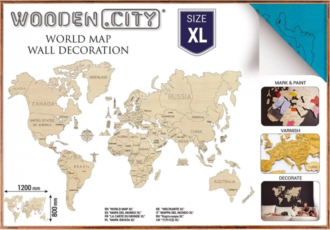 Mapa del mundo de madera 3D para pared XL – turquesa natural