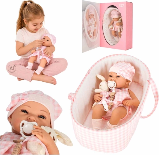 Muñeca bebé de 38 cm con capazo portátil y conejito de peluche rosa