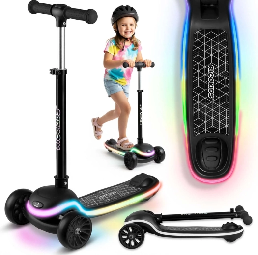 Patinete infantil de equilibrio de tres ruedas con plataforma LED Ricokids Leddi – negro