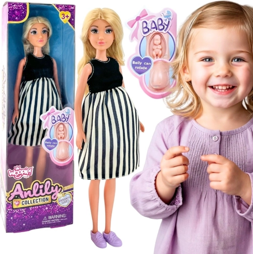 Muñeca embarazada Woopie Royal Lily con vestido de rayas blancas y negras