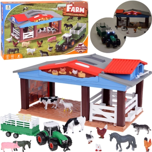 Granja infantil con animales, tractor y remolque con luz y sonido