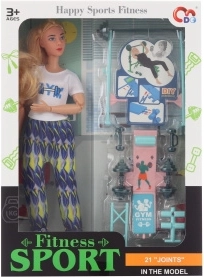 Muñeca articulada con accesorios de fitness
