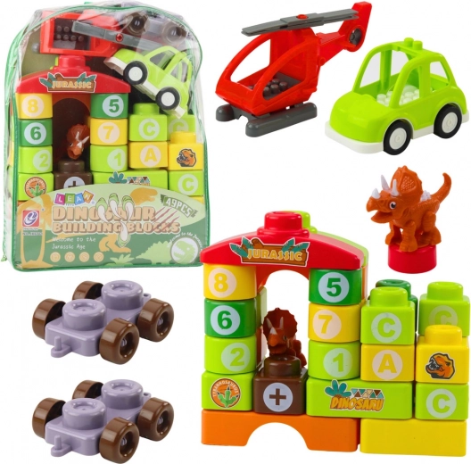 Set de construcción educativo de dinosaurios con letras y números en mochila – 49 piezas