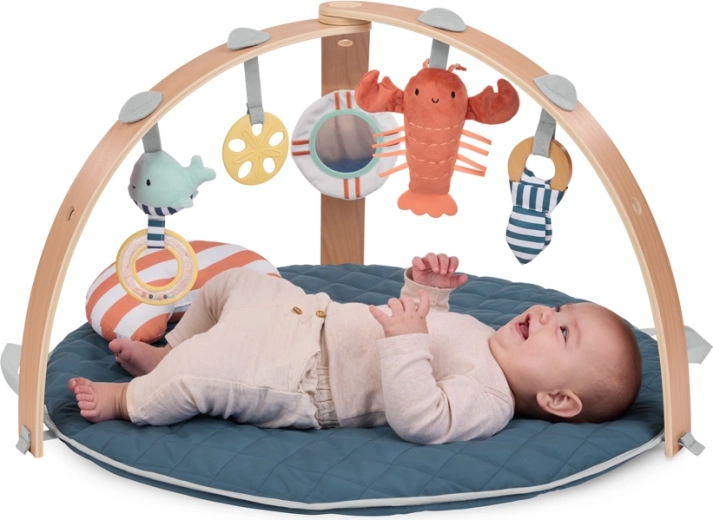 Arco de madera plegable y 5 juguetes para estimulación sensorial
