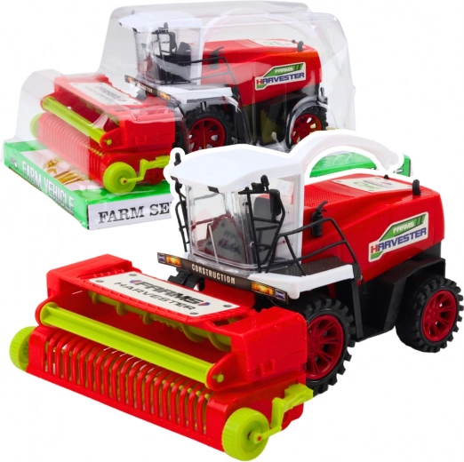 Cosechadora agrícola roja con tracción por fricción