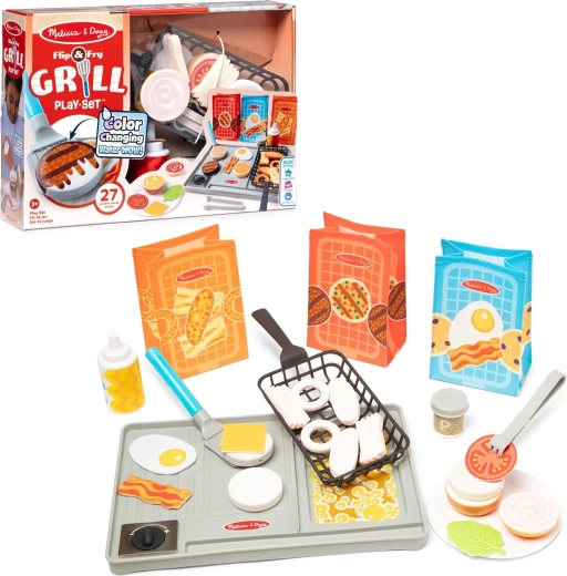 Melissa & Doug Flip & Fry set de parrilla con alimentos que cambian de color, 27 piezas