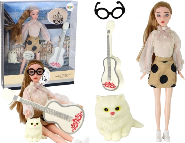 Muñeca Emily con guitarra, gafas y gatito