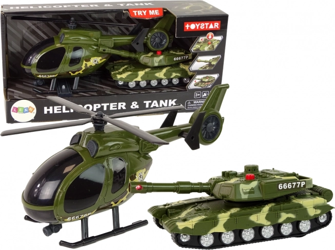 Set militar – tanque con mecanismo de inercia y helicóptero