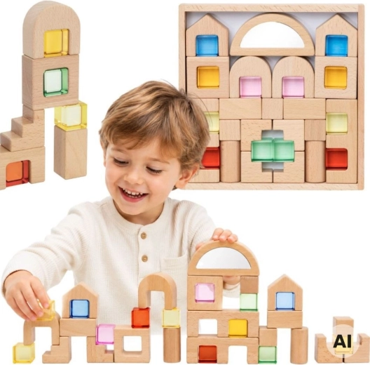 Viga bloques de construcción de madera con ventanitas de colores 32 uds.